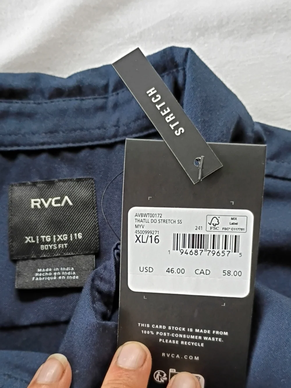 NWT RVCA That'll Do Stretch Blue Short Sleeve Boys Button Down Size XL/16